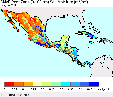 Mexico Central America and the Caribbean SMAP Root Zone (0-100 cm) Soil Moisture (m³/m³) Thematic Map For 5/16/2021 - 5/20/2021