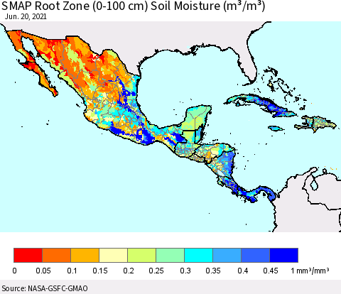 Mexico Central America and the Caribbean SMAP Root Zone (0-100 cm) Soil Moisture (m³/m³) Thematic Map For 6/16/2021 - 6/20/2021