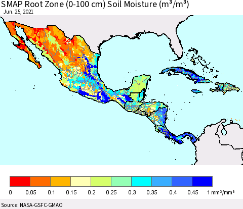 Mexico Central America and the Caribbean SMAP Root Zone (0-100 cm) Soil Moisture (m³/m³) Thematic Map For 6/21/2021 - 6/25/2021