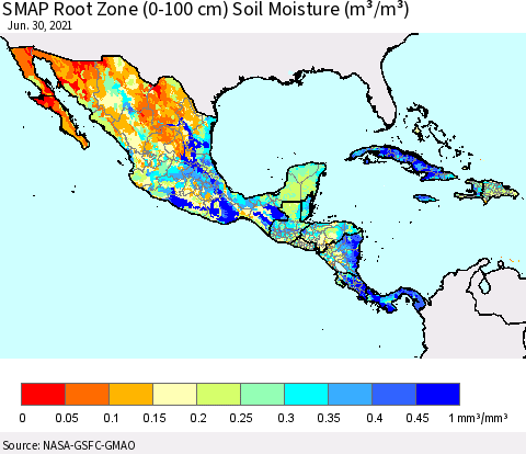 Mexico Central America and the Caribbean SMAP Root Zone (0-100 cm) Soil Moisture (m³/m³) Thematic Map For 6/26/2021 - 6/30/2021