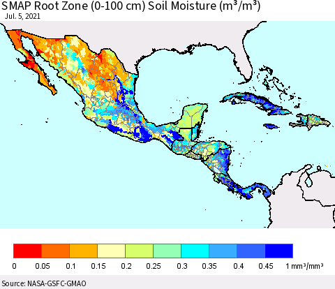 Mexico Central America and the Caribbean SMAP Root Zone (0-100 cm) Soil Moisture (m³/m³) Thematic Map For 7/1/2021 - 7/5/2021
