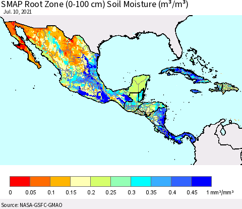 Mexico Central America and the Caribbean SMAP Root Zone (0-100 cm) Soil Moisture (m³/m³) Thematic Map For 7/6/2021 - 7/10/2021