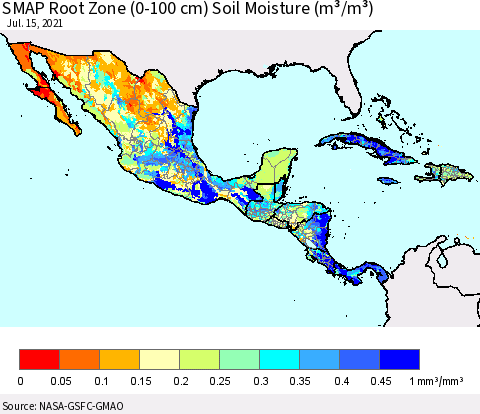 Mexico Central America and the Caribbean SMAP Root Zone (0-100 cm) Soil Moisture (m³/m³) Thematic Map For 7/11/2021 - 7/15/2021