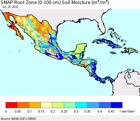 Mexico Central America and the Caribbean SMAP Root Zone (0-100 cm) Soil Moisture (m³/m³) Thematic Map For 7/21/2021 - 7/25/2021