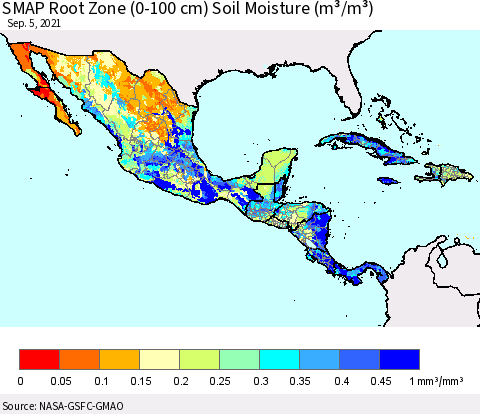 Mexico Central America and the Caribbean SMAP Root Zone (0-100 cm) Soil Moisture (m³/m³) Thematic Map For 9/1/2021 - 9/5/2021