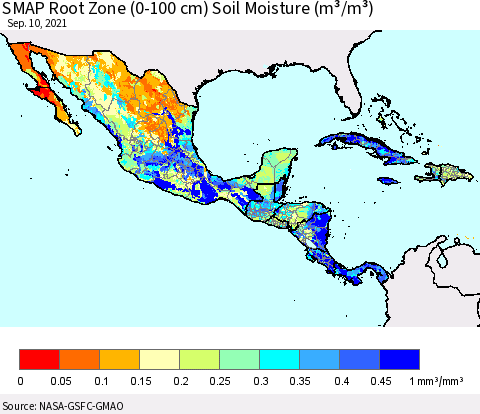 Mexico Central America and the Caribbean SMAP Root Zone (0-100 cm) Soil Moisture (m³/m³) Thematic Map For 9/6/2021 - 9/10/2021