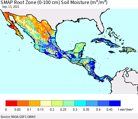 Mexico Central America and the Caribbean SMAP Root Zone (0-100 cm) Soil Moisture (m³/m³) Thematic Map For 9/11/2021 - 9/15/2021