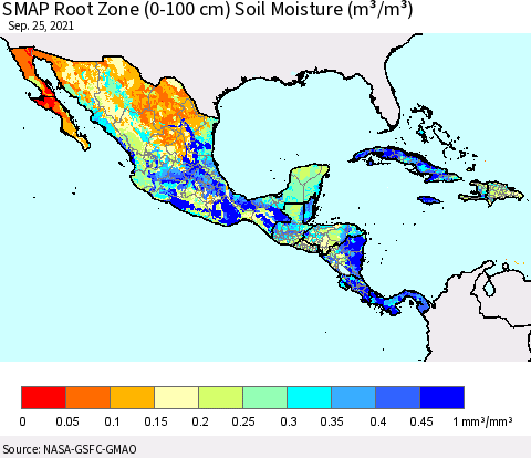 Mexico Central America and the Caribbean SMAP Root Zone (0-100 cm) Soil Moisture (m³/m³) Thematic Map For 9/21/2021 - 9/25/2021