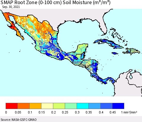 Mexico Central America and the Caribbean SMAP Root Zone (0-100 cm) Soil Moisture (m³/m³) Thematic Map For 9/26/2021 - 9/30/2021