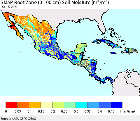 Mexico Central America and the Caribbean SMAP Root Zone (0-100 cm) Soil Moisture (m³/m³) Thematic Map For 10/1/2021 - 10/5/2021