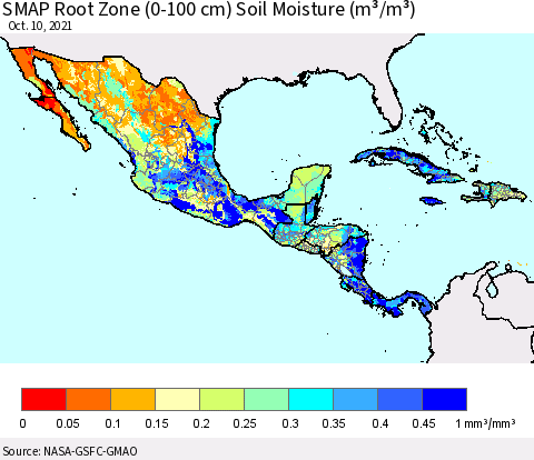 Mexico Central America and the Caribbean SMAP Root Zone (0-100 cm) Soil Moisture (m³/m³) Thematic Map For 10/6/2021 - 10/10/2021