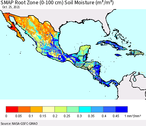 Mexico Central America and the Caribbean SMAP Root Zone (0-100 cm) Soil Moisture (m³/m³) Thematic Map For 10/21/2021 - 10/25/2021