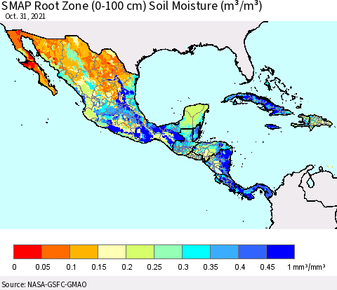 Mexico Central America and the Caribbean SMAP Root Zone (0-100 cm) Soil Moisture (m³/m³) Thematic Map For 10/26/2021 - 10/31/2021
