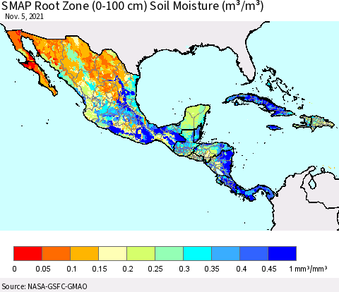 Mexico Central America and the Caribbean SMAP Root Zone (0-100 cm) Soil Moisture (m³/m³) Thematic Map For 11/1/2021 - 11/5/2021