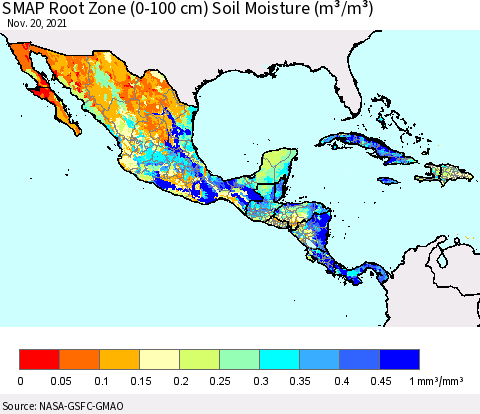 Mexico Central America and the Caribbean SMAP Root Zone (0-100 cm) Soil Moisture (m³/m³) Thematic Map For 11/16/2021 - 11/20/2021