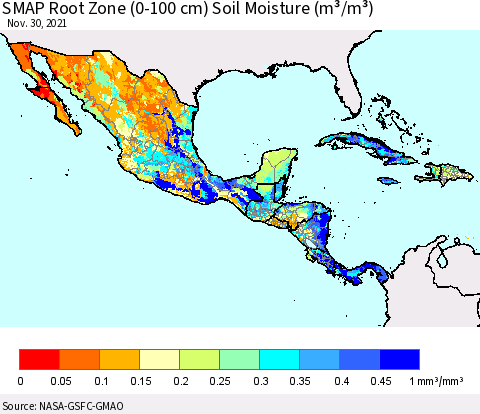 Mexico Central America and the Caribbean SMAP Root Zone (0-100 cm) Soil Moisture (m³/m³) Thematic Map For 11/26/2021 - 11/30/2021