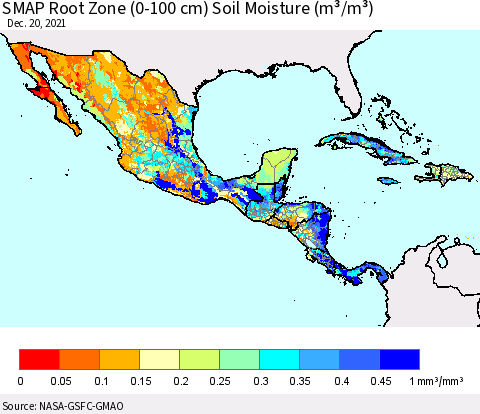 Mexico Central America and the Caribbean SMAP Root Zone (0-100 cm) Soil Moisture (m³/m³) Thematic Map For 12/16/2021 - 12/20/2021