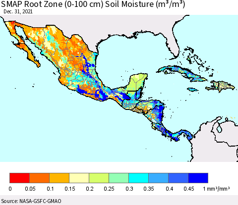 Mexico Central America and the Caribbean SMAP Root Zone (0-100 cm) Soil Moisture (m³/m³) Thematic Map For 12/26/2021 - 12/31/2021