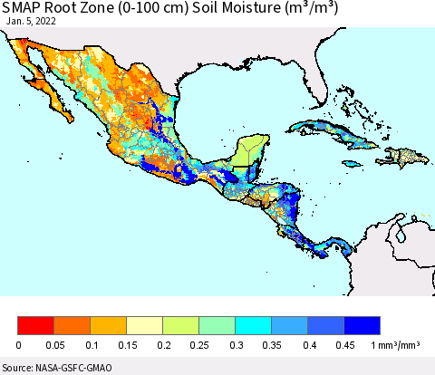 Mexico Central America and the Caribbean SMAP Root Zone (0-100 cm) Soil Moisture (m³/m³) Thematic Map For 1/1/2022 - 1/5/2022