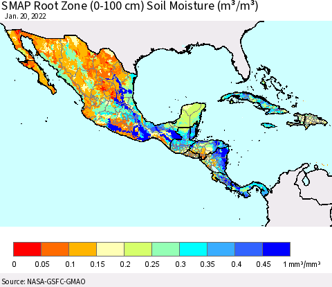 Mexico Central America and the Caribbean SMAP Root Zone (0-100 cm) Soil Moisture (m³/m³) Thematic Map For 1/16/2022 - 1/20/2022