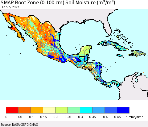 Mexico Central America and the Caribbean SMAP Root Zone (0-100 cm) Soil Moisture (m³/m³) Thematic Map For 2/1/2022 - 2/5/2022