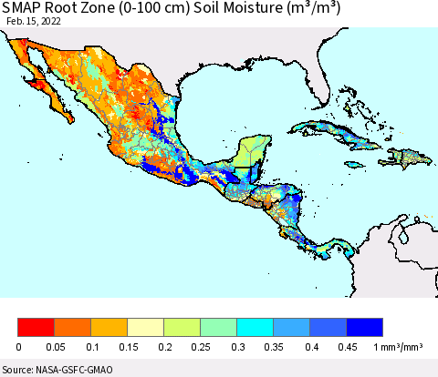 Mexico Central America and the Caribbean SMAP Root Zone (0-100 cm) Soil Moisture (m³/m³) Thematic Map For 2/11/2022 - 2/15/2022