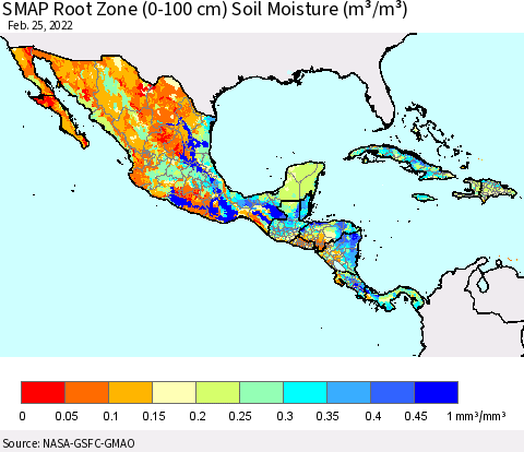 Mexico Central America and the Caribbean SMAP Root Zone (0-100 cm) Soil Moisture (m³/m³) Thematic Map For 2/21/2022 - 2/25/2022