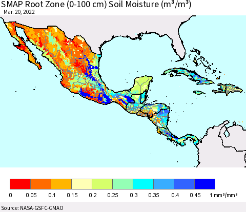 Mexico Central America and the Caribbean SMAP Root Zone (0-100 cm) Soil Moisture (m³/m³) Thematic Map For 3/16/2022 - 3/20/2022