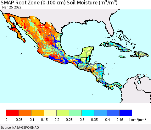 Mexico Central America and the Caribbean SMAP Root Zone (0-100 cm) Soil Moisture (m³/m³) Thematic Map For 3/21/2022 - 3/25/2022