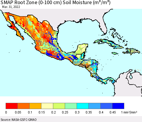 Mexico Central America and the Caribbean SMAP Root Zone (0-100 cm) Soil Moisture (m³/m³) Thematic Map For 3/26/2022 - 3/31/2022