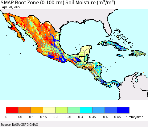 Mexico Central America and the Caribbean SMAP Root Zone (0-100 cm) Soil Moisture (m³/m³) Thematic Map For 4/16/2022 - 4/20/2022