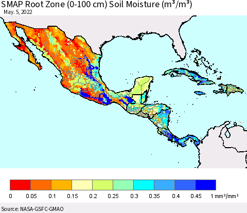 Mexico Central America and the Caribbean SMAP Root Zone (0-100 cm) Soil Moisture (m³/m³) Thematic Map For 5/1/2022 - 5/5/2022