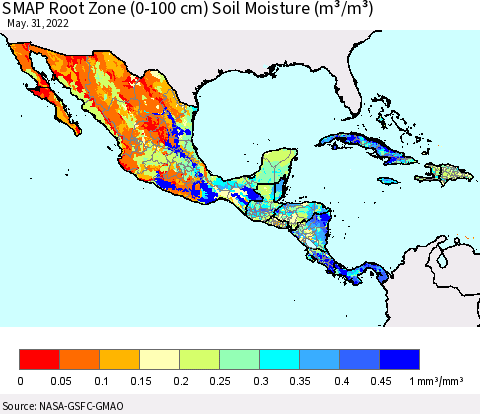 Mexico Central America and the Caribbean SMAP Root Zone (0-100 cm) Soil Moisture (m³/m³) Thematic Map For 5/26/2022 - 5/31/2022