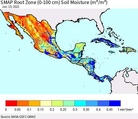 Mexico Central America and the Caribbean SMAP Root Zone (0-100 cm) Soil Moisture (m³/m³) Thematic Map For 6/6/2022 - 6/10/2022
