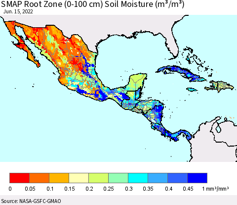 Mexico Central America and the Caribbean SMAP Root Zone (0-100 cm) Soil Moisture (m³/m³) Thematic Map For 6/11/2022 - 6/15/2022