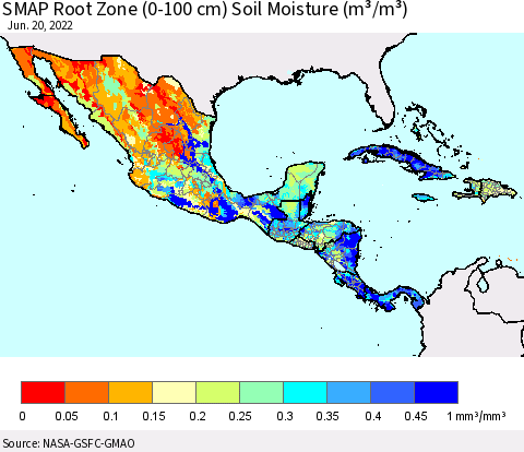 Mexico Central America and the Caribbean SMAP Root Zone (0-100 cm) Soil Moisture (m³/m³) Thematic Map For 6/16/2022 - 6/20/2022