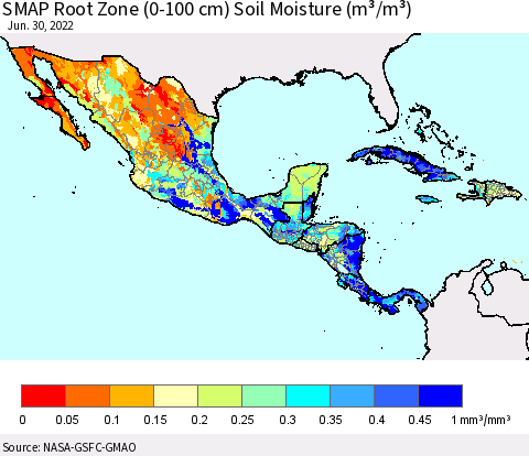 Mexico Central America and the Caribbean SMAP Root Zone (0-100 cm) Soil Moisture (m³/m³) Thematic Map For 6/26/2022 - 6/30/2022