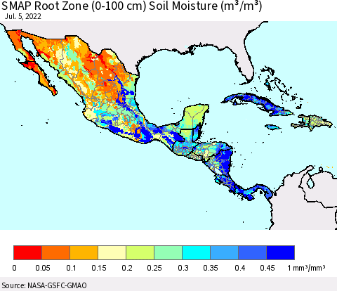 Mexico Central America and the Caribbean SMAP Root Zone (0-100 cm) Soil Moisture (m³/m³) Thematic Map For 7/1/2022 - 7/5/2022