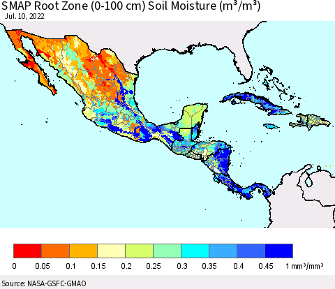 Mexico Central America and the Caribbean SMAP Root Zone (0-100 cm) Soil Moisture (m³/m³) Thematic Map For 7/6/2022 - 7/10/2022