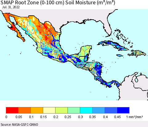 Mexico Central America and the Caribbean SMAP Root Zone (0-100 cm) Soil Moisture (m³/m³) Thematic Map For 7/26/2022 - 7/31/2022