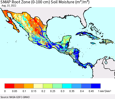 Mexico Central America and the Caribbean SMAP Root Zone (0-100 cm) Soil Moisture (m³/m³) Thematic Map For 8/6/2022 - 8/10/2022