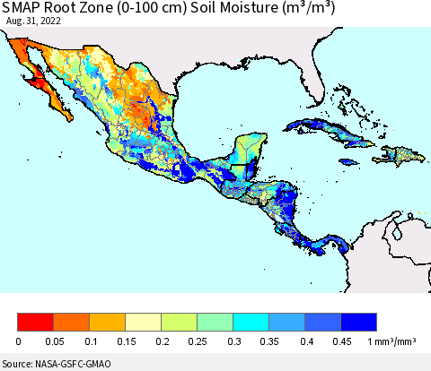Mexico Central America and the Caribbean SMAP Root Zone (0-100 cm) Soil Moisture (m³/m³) Thematic Map For 8/26/2022 - 8/31/2022