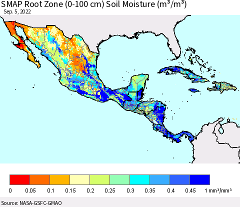 Mexico Central America and the Caribbean SMAP Root Zone (0-100 cm) Soil Moisture (m³/m³) Thematic Map For 9/1/2022 - 9/5/2022