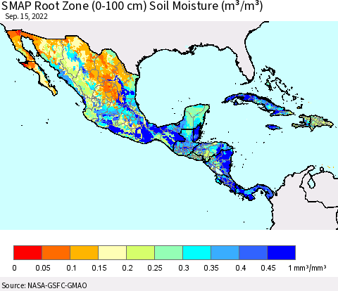 Mexico Central America and the Caribbean SMAP Root Zone (0-100 cm) Soil Moisture (m³/m³) Thematic Map For 9/11/2022 - 9/15/2022
