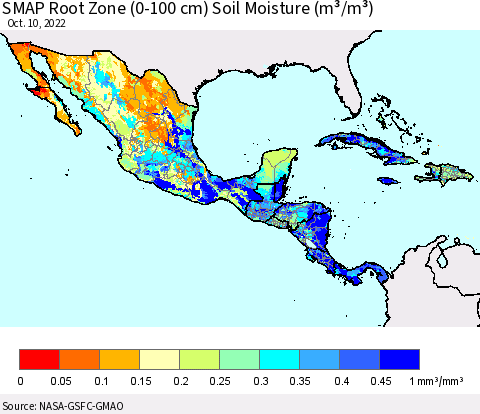 Mexico Central America and the Caribbean SMAP Root Zone (0-100 cm) Soil Moisture (m³/m³) Thematic Map For 10/6/2022 - 10/10/2022
