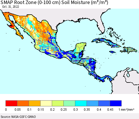 Mexico Central America and the Caribbean SMAP Root Zone (0-100 cm) Soil Moisture (m³/m³) Thematic Map For 10/26/2022 - 10/31/2022
