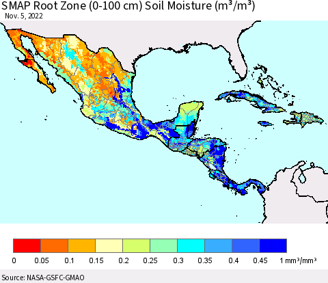 Mexico Central America and the Caribbean SMAP Root Zone (0-100 cm) Soil Moisture (m³/m³) Thematic Map For 11/1/2022 - 11/5/2022