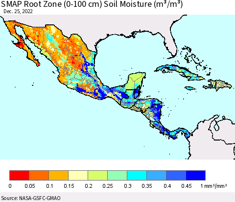 Mexico Central America and the Caribbean SMAP Root Zone (0-100 cm) Soil Moisture (m³/m³) Thematic Map For 12/21/2022 - 12/25/2022