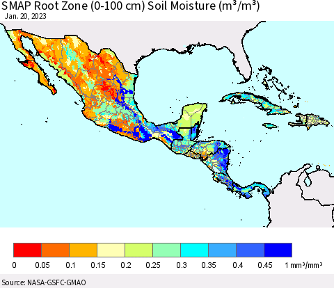 Mexico Central America and the Caribbean SMAP Root Zone (0-100 cm) Soil Moisture (m³/m³) Thematic Map For 1/16/2023 - 1/20/2023