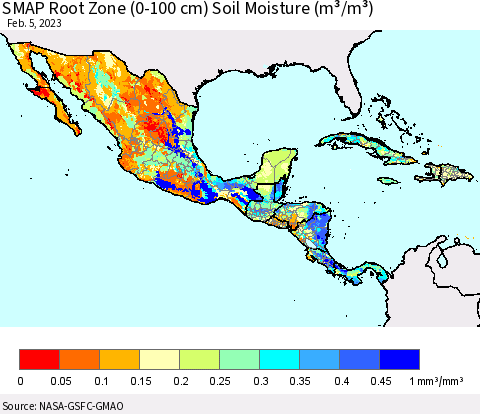 Mexico Central America and the Caribbean SMAP Root Zone (0-100 cm) Soil Moisture (m³/m³) Thematic Map For 2/1/2023 - 2/5/2023